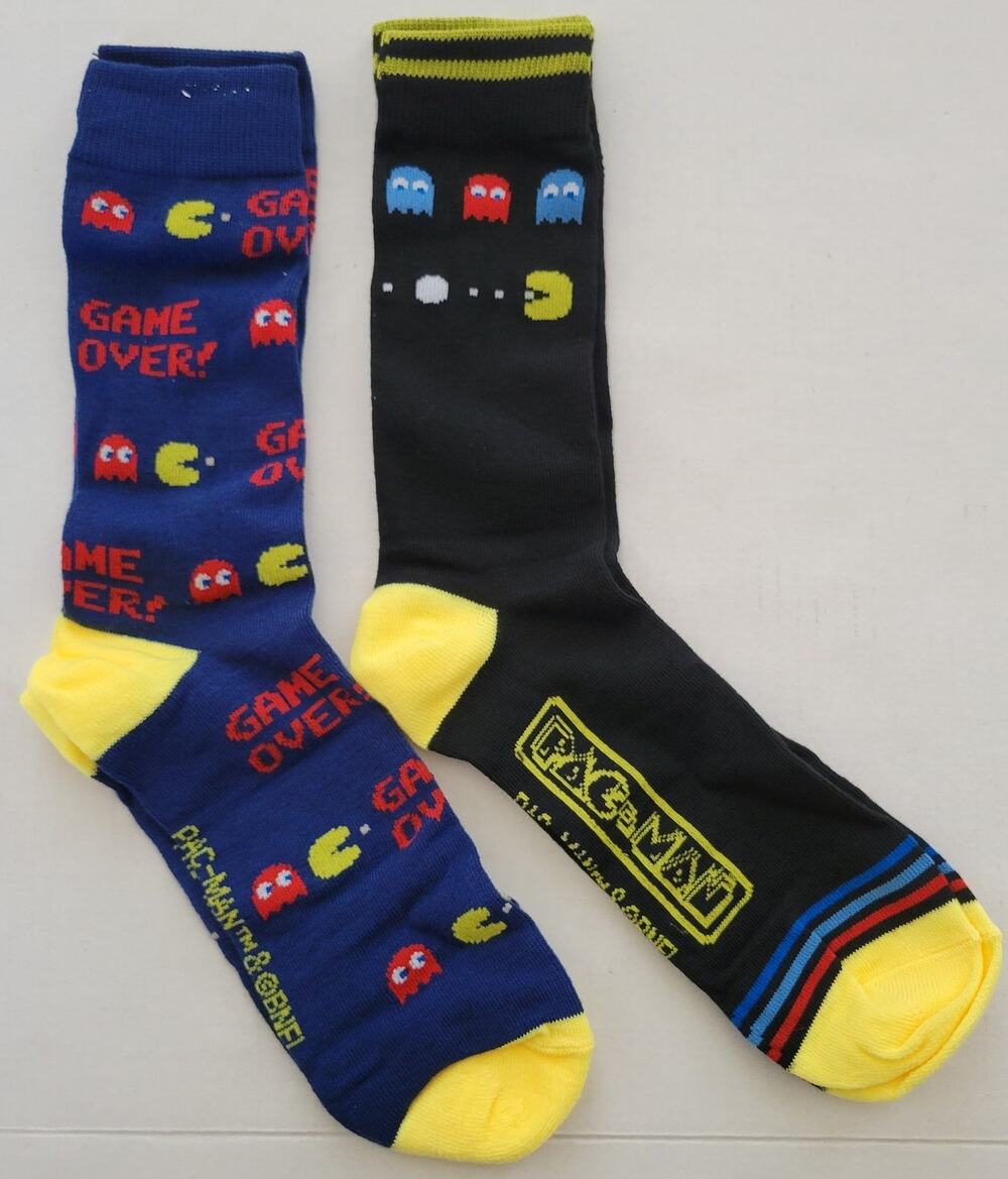 Pac-Man Crew Socks Set of 2 One Blue Pair One Black Pair New In Box Shoe Sz 6-12